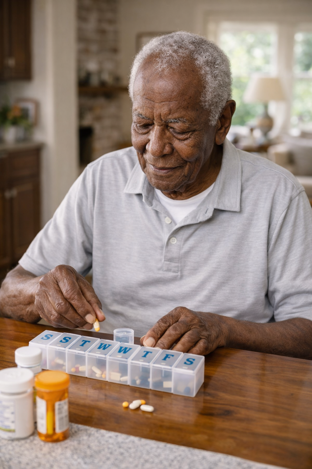 Senior man organizing his daily medications at home